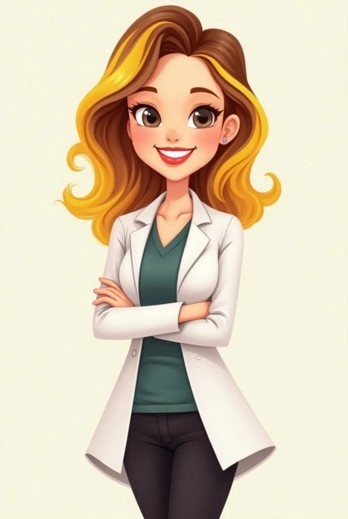 I need a cartoon of a woman with shoulder-length hair, loose hair., yellow with brown stripes. con sonrisa bonita,  dressed in black pants and a white coat , She is a teacher