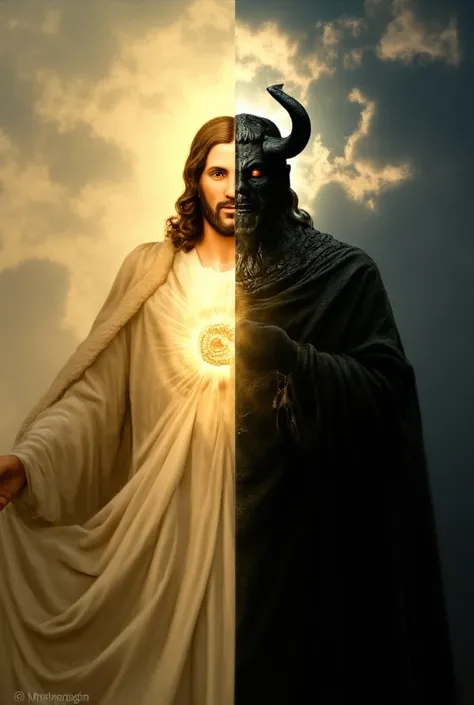 estilo-gravitymagic, ((melhor qualidade)), ((masterpiece)),"Create a captivating, high-contrast image depicting a serene, radiant figure of Jesus standing beside a dark, ominous figure representing the devil. Jesus is bathed in a soft, golden light that il...