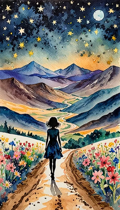 watercolor art, girl silhouette on a dirt road, full of flowers, mountains in the distance, starry night, Mr. Doodle style, surrealist masterpieces.