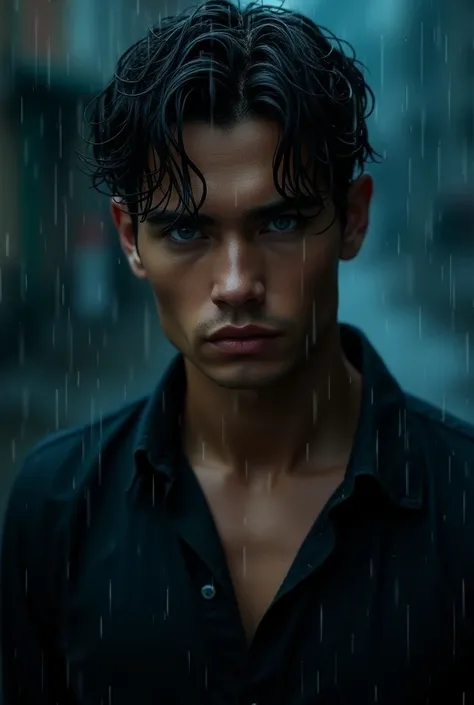 Créer moi un homme, jeune extrêmement beau, brun aux yeux bleu, peau bronzée, musclé, en chemise noire avec de la pluie qui tombe sur lui. Ses cheveux sont mouillés et sa chemise aussi. Et il fait nuit. 