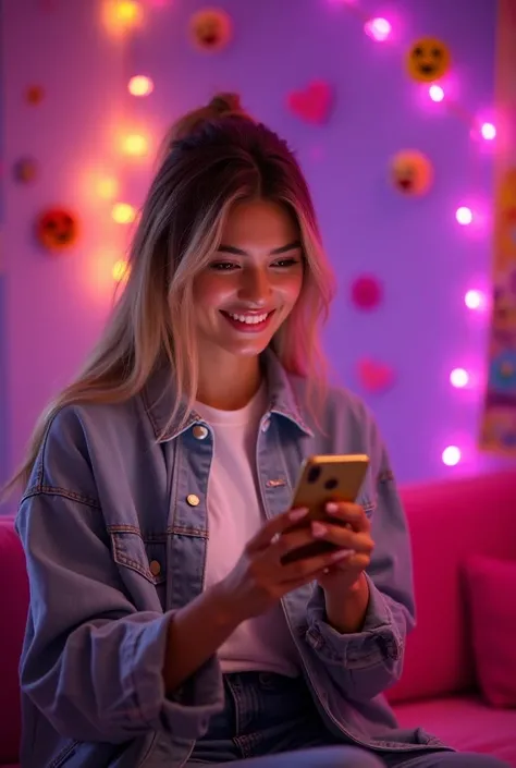 Female Influencer steamer greeting her followers on her cell phone, the background of the image with emojis , likes y corazones.  There should be purple colors on the wall of the room or study, purple and pink. real image
