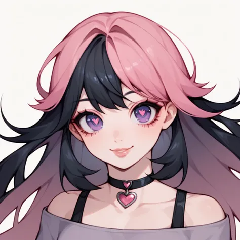 score_9, score_8_up, score_7_up, 1girl, smile, love, heart eyes, ((portrait)), ((curvy)), ((twitch emote)), (((cute face))), long hair, bangs, black pink hair, ((black and pink hair)), ((black hair)), gorgeous purple eyes, big eyes, anime eyes, eyeliner, l...