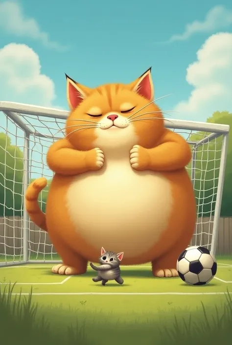 A fat and huge cat with a kitten playing a football goalkeeper