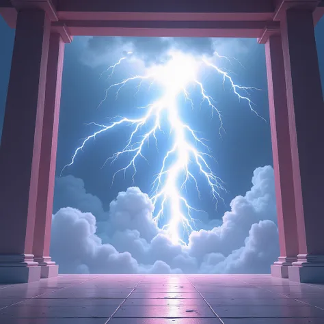 Thunder inside the square window of a temple without people in shades of light pink and blue