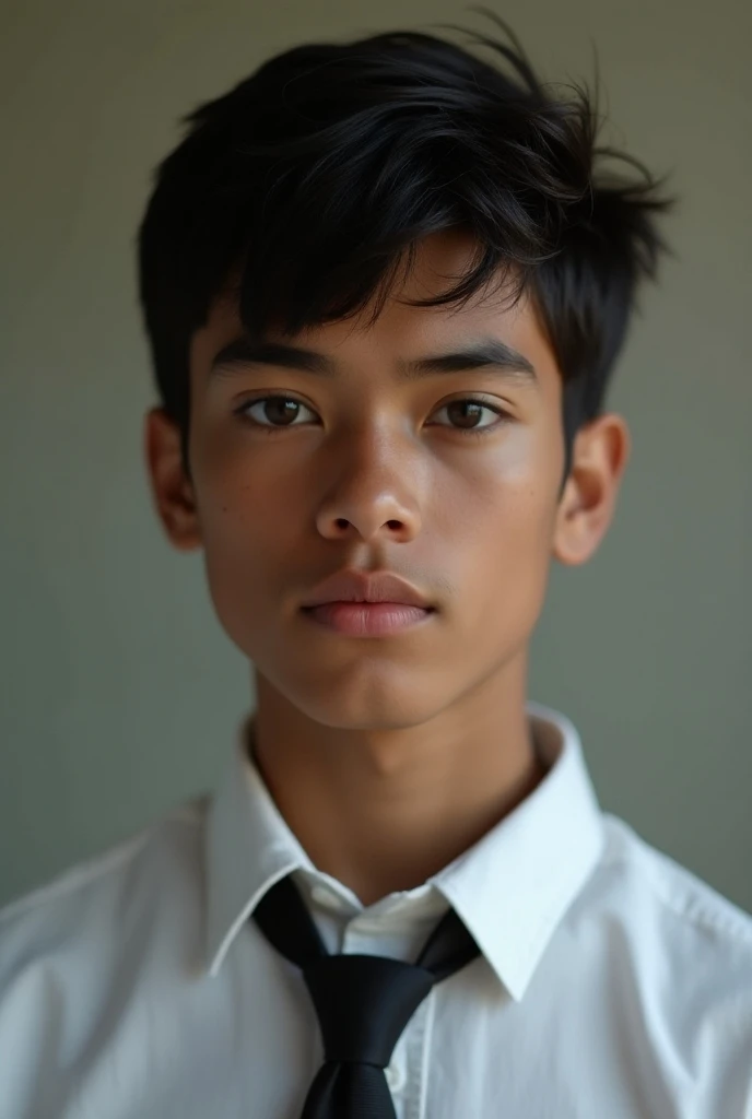 A beautiful boy, messy hair, normal eyes, a dress shirt with a loose tie, dark skin tone,  Brasileiro