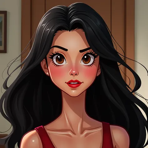  image up to the waist of a white-skinned woman, with long dark hair,  brown eyes , red lipstick, Let the face make sense the image sent ,  Disney Pixel-style in the movie The Incredibles