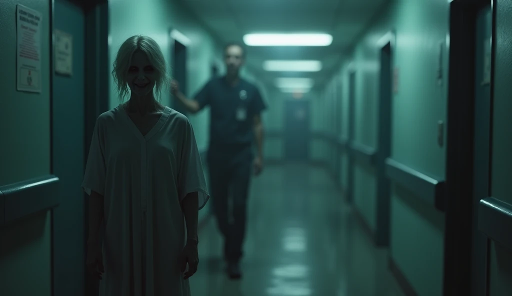 " I want a miniature of terror set in a dark and gloomy hospital .  in the background ,  shows a slightly illuminated hospital corridor ,  with flickering lights and a gloomy environment , as if it were night . in the foreground,  place the figure of a gho...