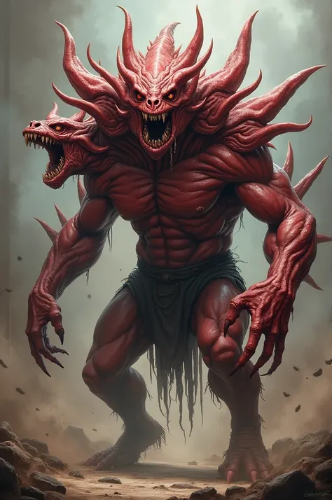 meat monster with several heads on its back, very muscular and always screaming and  for (aesthetic RPG)