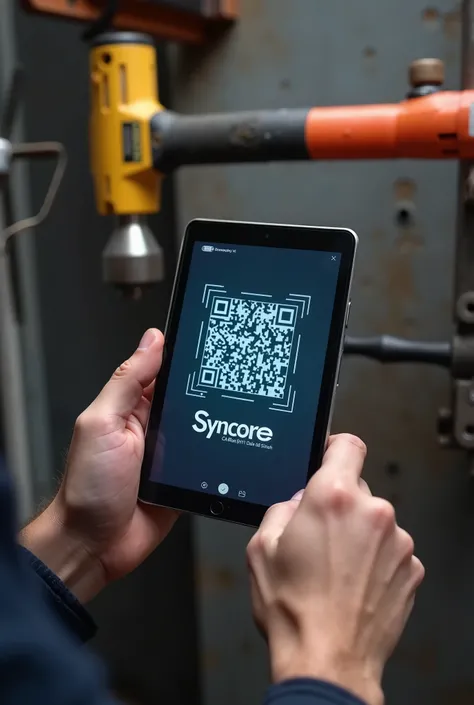  also appears I need a person scanning a hammer a qr code,  using a tablet or cell phone ,  where a logo of my company called  "Syncore "
that it is explicit and that the person can be seen scanning a hammer, electric saw ,Drill , any