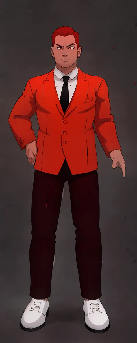 Eddie-Red

A young ,  red hair, combed hair,  red eyes,  wearing a red suit jacket, black tie