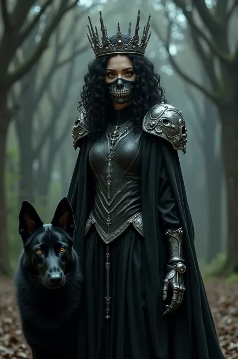 Black female necromancer with skeleton mask covering nose and mouth, curly black hair,  White eyes, crown of bones on the head, black clothing with silver skull armor and black dog 