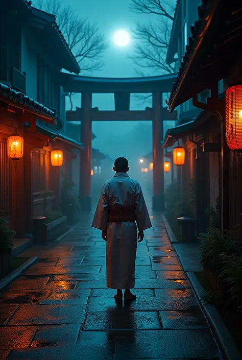  Combining Long Exposure Shots 、 One Man in Kimono 、 With Lanterns Around 、The torii gate is visible、 Multisensory Photographic Installation ,  Atmospheric Realm in a Mysterious Alley ,  Combining Tactile Elements , Ambient Sound Recordings ,  with Tactile...