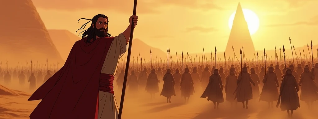  An animated scene of Moses leading the Israelites out of Egypt, with a dramatic and powerful depiction of Exodus 