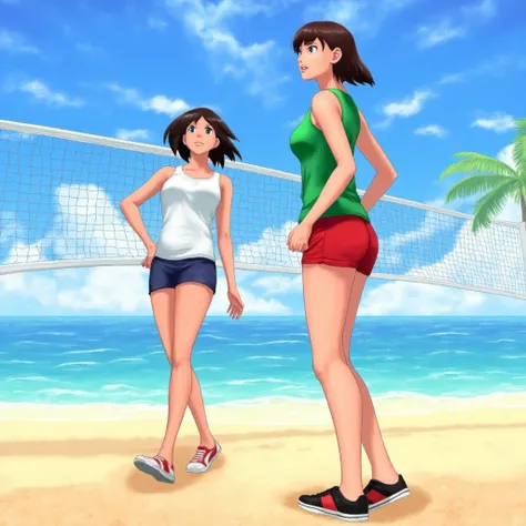 two beautiful beach volleyball girls in front of volleyball net