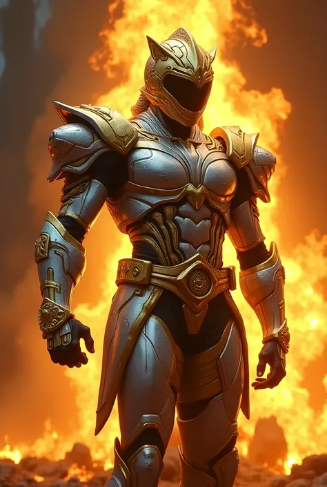 evil silver and gold power ranger, mmpr style, in front of a fire, saudi futuristic warrior inspired by Noriyoshi Ohrai, pacific rim jaeger, fierce lion face helmet