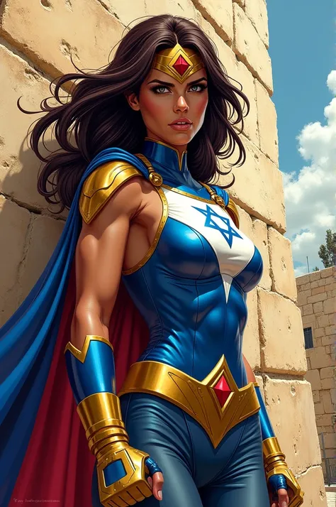 Sabra from marvel next to the wall of Jerusalem. Do it like a paint from comics