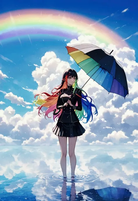 A woman holding an umbrella,Holding an umbrella with both hands, rainbow-colored hair,Long Hair,Black Uniform,mini skirt　A rainbow appears,noon,It rains,Reflection on the water horizon, standing on liquid 　Catch the wind