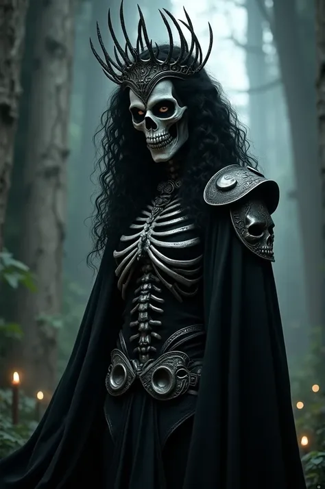 Black female necromancer with skeleton mask covering nose and mouth, curly black hair,  White eyes, crown of bones on the head, black clothing with silver skull armor and black cape