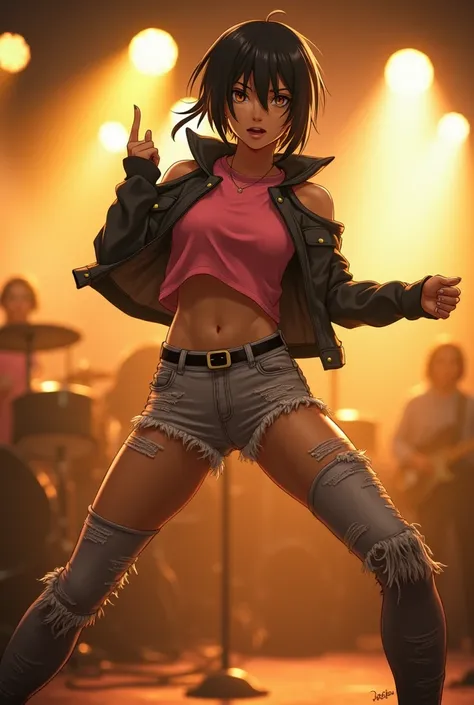 masterpiece, best quality, 1girl, upperbody, jirou, detailed eyes, pink shirt, black jacket, torn clothes, concert, (stage)