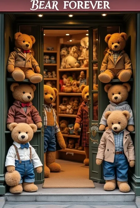  teddy bear store that has clothes on, view from outside, And that the store is called Bear Forever 