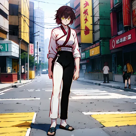 women,   short hair ,  yellow eyes , camiseta blanca,  black pants ,  throw away , japanese city