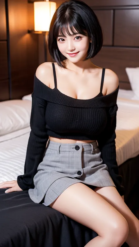 black hair、 short hair、big breasts、 no bra 、 long sleeve sweater、 checked mini skirt 、bare legs、hotel、 bed、 sitting、night、smile、...