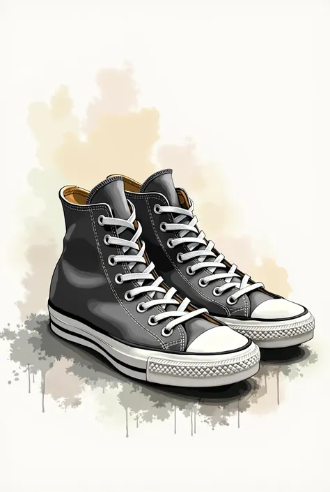 A watercolor style image of a pair of converse boots without color only the strokes drawn with charcoal and color splashes 