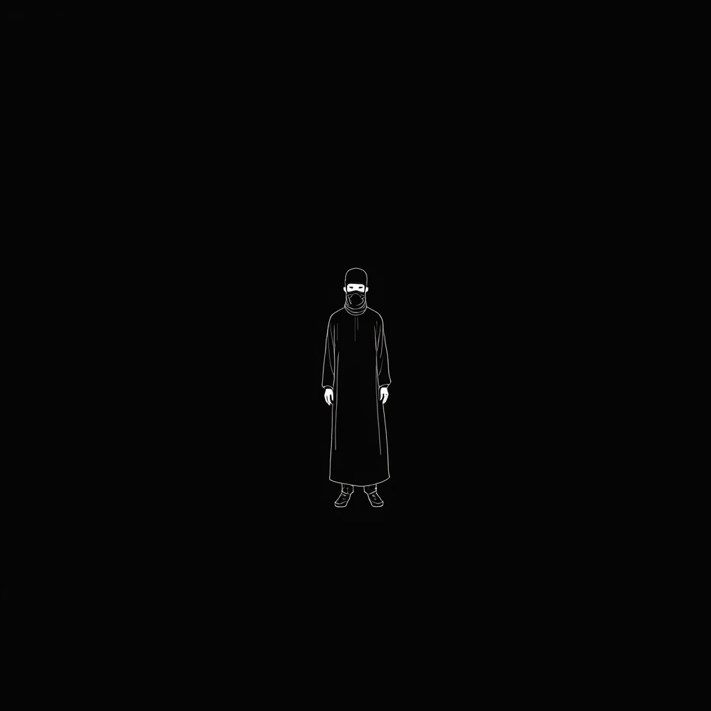 
"Create a minimalist Facebook profile picture for men, inspired by a silhouette line-art style on a black background. The design should feature an outline of a man wearing traditional Islamic clothing, such as a kufi (cap) and a mask, similar to the uploa...