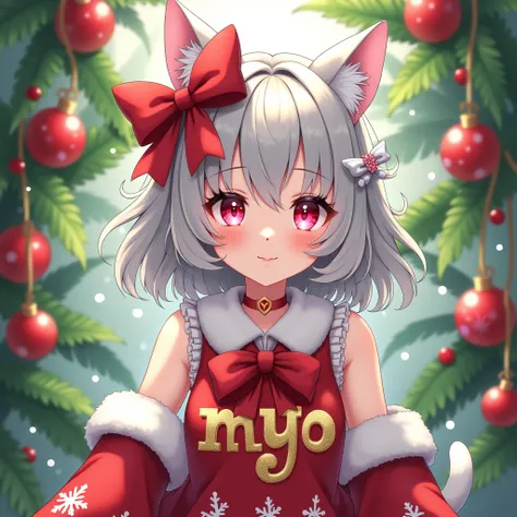 Pink eyes。Girl with white cat ears。Idol。Light grey medium curly hair。Red ribbon hair accessory。The costume is a Christmas costume with a red ribbon 。On the chest｢MYO｣The golden embroidery is large and eye-catching。Background、Christmas decorations for palms...