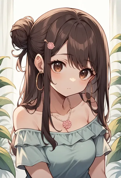 1girl, solo, upper body, short stature, medium breasts, long hair, low messy bun, dark brown hair, wavy strands, cute pastel hairpin, warm brown eyes, light tan skin, off-shoulder top, white color, loose fit, floral patterns, delicate necklace, small hoop ...