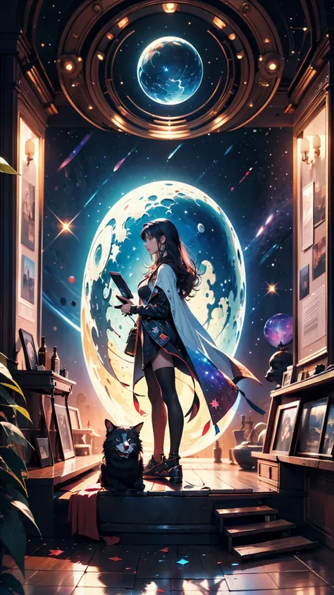  A woman stands in front of a picture of a planet, Futuristic city background,  psychetrance artwork , Human Life Forms Connected to Each Other , Panoramic view of a girl,  Progressive Rock Album Cover, An endless dream, Stardust, galaxy, Stoner Rock --ar ...