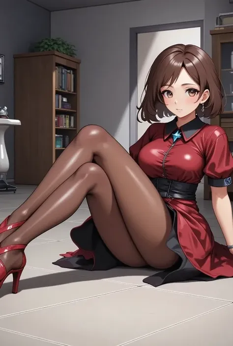 プリーツスカート, a woman in shiny stockings laying on the floor with her legs and toes out straight, 1girl, solo, brown hair, dress