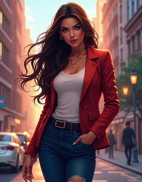 Create a digital illustration of a confident, stylish woman with long flowing hair, wearing a trendy outfit. She should have striking features and a charismatic smile, standing in an urban setting with vibrant colors and dynamic lighting."