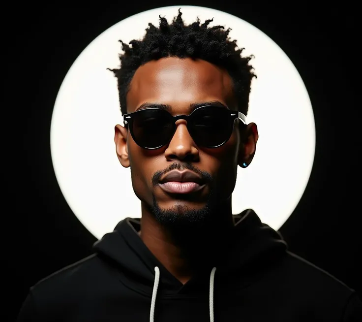  Create a portrait of a young man with light brown skin like that of the indigenous people. He is wearing round sunglasses and has very short social black hair. creating an interesting visual effect. The portrait is striking ,  typical of high-resolution p...