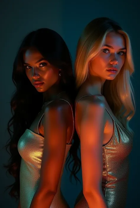  Image of two 1 women sticking their backs together, in a dark room, phosphorescent light, la primera extremely beautiful de cabello negro largo con flequillo, grey eyes, small nose, full lips, con un enteriso de cuero negro bright, pointing a gun, the oth...