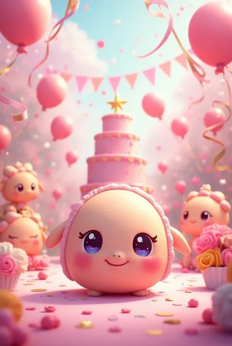 My little Pink Pie character at a pink party in the background 
With a cake behind her