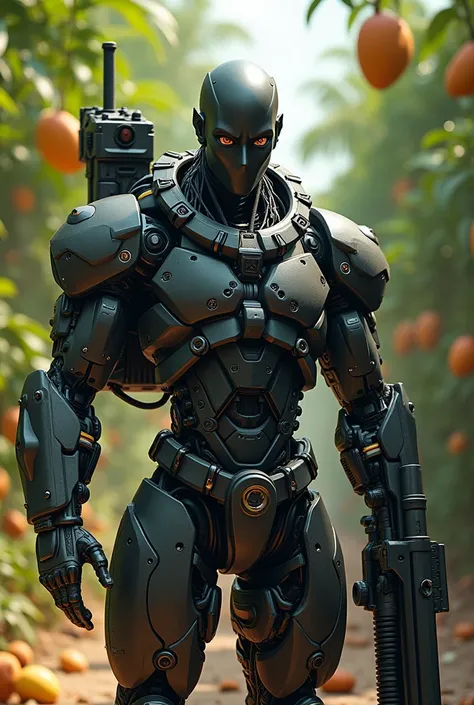  Create the image of a human cyborg ,  with a minigun arm , And the other technological .  Black skin and brown eyes .  Make the character in a mango line