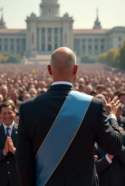 A bald person , with a suit and a light blue presidential band greeting many people from the back 