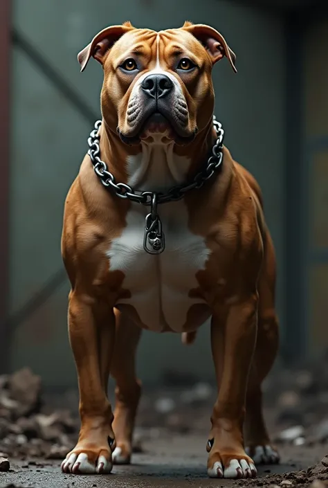 Brave pumped big Pit Bull with well-graced chain around the neck