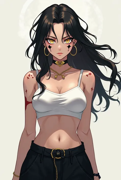 at only . Gives off a powerful and intimidating aura, She is a strong and incredibly beautiful woman. black hair with white tips was combed with loose hair, The hair ends in wavy white tips, The eyes were golden and shine like diamonds, under the eyes a bl...