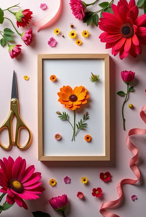 Help me create a product set of ingredients to make paintings from dried flowers for Valentines: Note: -The main layout has a painting gift box and many painting materials such as: dried flowers, scissors, ribbon, drying solution -Different flowers have br...