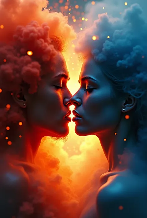 Blurred and shaded face of a red-colored man on fire and the face of a burning blue woman that merge with a background of a heart-shaped explosion