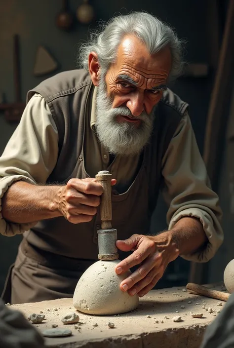 Old man sculpting stone with hammer and chisel