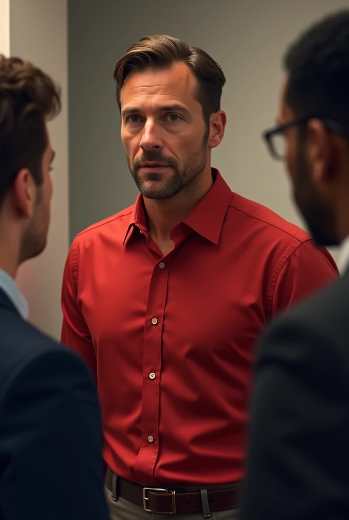 Calm and very confident man in red shirts spoken to another 