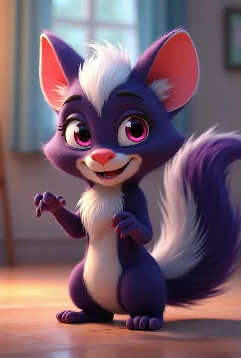 A HD 3D cartoon, female, violete skunk winking at the camera as she lifts her tail, winking at the camera.