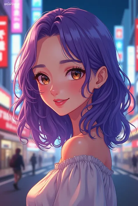 Femme caucasienne aux cheveux mi longs ondulés de couleur violine et aux yeux de couleur noisette. elle se trouve dans Tokyo et sourit. Image de style manga