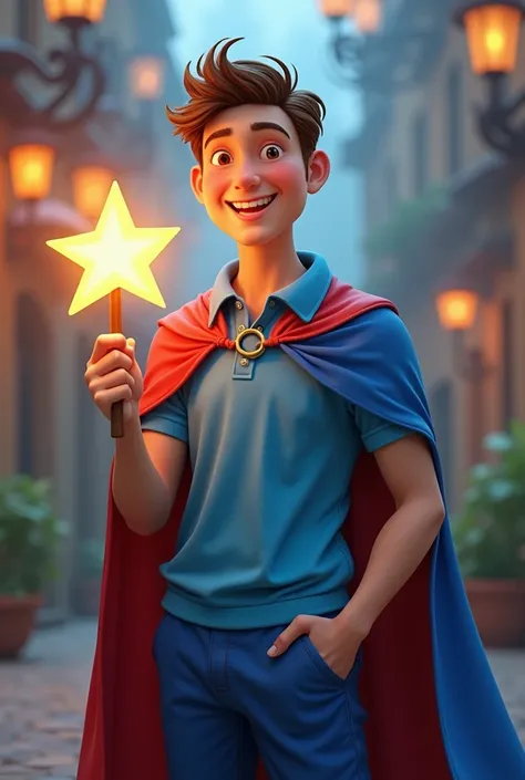 Friendly person wearing blue clothes blue polo with wizards cape and an animated star wand