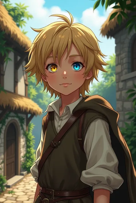 Blonde teenage boy, right eye yellow, left eye blue. Wearing commoner clothing in a medieval setting