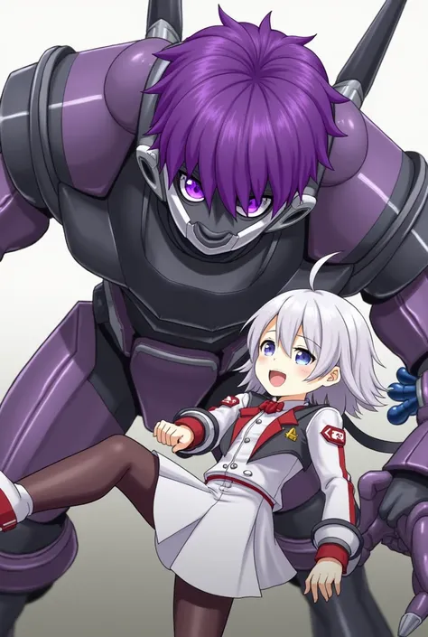 to use, android, robot, Mechanical arm, bright, purple eyes, purple hair, hat. Kicking A white-haired, short girl with small red highlights, white and red military clothing 