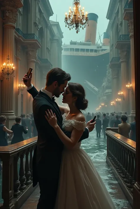 Titanic scene with Rose and Jack ,  sinking in 2024 taking selfies